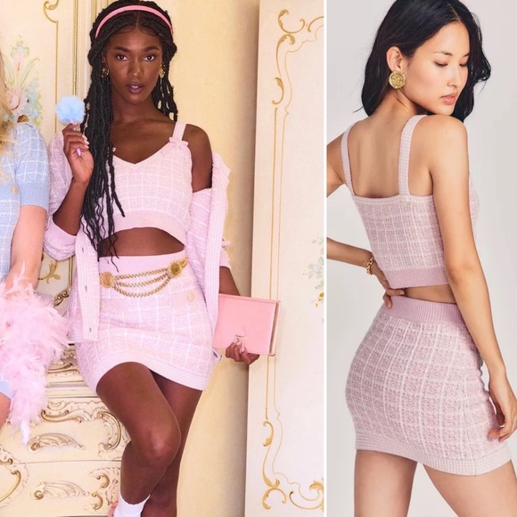 LoveShackFancy ๐ธ Callington Knitted Checkered Pencil Mini Skirt in Pink Winds - Picture 5 of 10